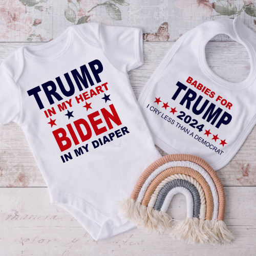 Trump 2024 Baby Onesie and Bib Combo - Babies for Trump Bib and Trump in my Heart Bodysuit