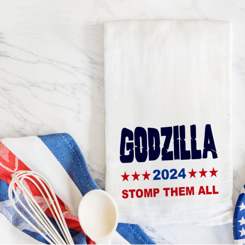 Political Satire Flour Sack Towel - Godzilla 2024 Stomp Them All - Heavy Duty Cotton - 27x27 Inches